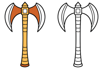Cartoon double bladed axe stands beside line art version on white background