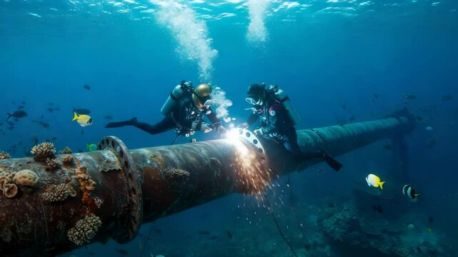 Underwater Welders Repairing Subsea Pipeline - Two scuba divers perform underwater welding on a large subsea pipeline.  The scene is vibrant with marine life swimming around the divers and the pipelin