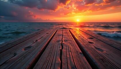 Deeply furrowed, aged wood planks bathed in sunset hues, element, golden