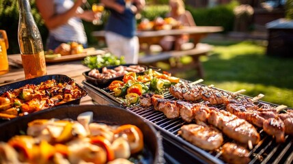 Obraz premium Enjoy a vibrant backyard BBQ gathering with friends and family.