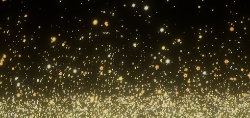 Sparkling gold stars on black. Festive, magical backdrop for celebrations.