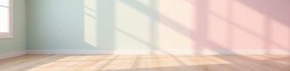 Soft pastel wallpaper in serene empty room with warm wooden floor, interior design, wallpaper
