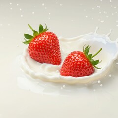 Two strawberries splashing into milk isolated on white background