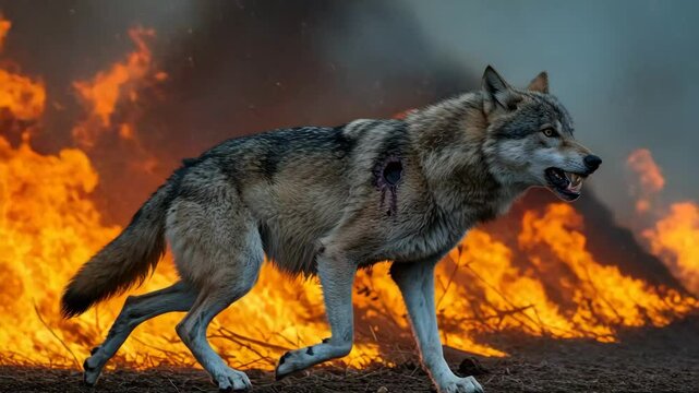 Wounded Wolf Running Through Fire - A gray wolf with a visible wound on its side runs through a raging wildfire. The intense flames and smoke create a dramatic backdrop to the animal's determined stri
