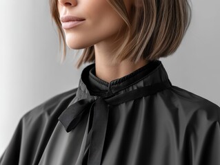 Fototapeta premium Hairdressing cape, neatly fastened, protects clothing during hair styling session - service professional resistant client