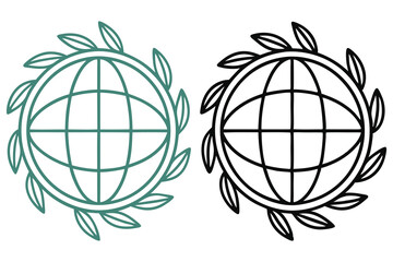 Globe surrounded by leaves is presented in both green and black lines on a transparent background