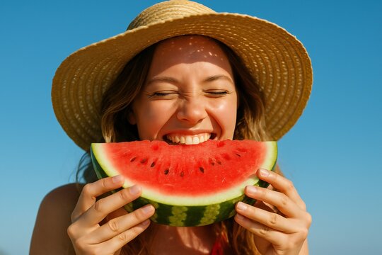 Joyful woman in straw hat eating watermelon slice on a sunny summer day