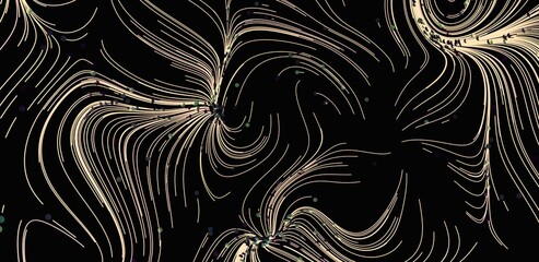Swirling beige lines and dots on a black background. Abstract art, design element.
