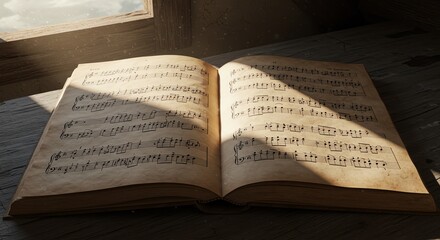 Fototapeta premium Open Music Book with Sheet Music in Warm Sunlight