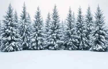 Naklejka premium Snowy Winter Forest with Evergreens Covered in Fresh Snow