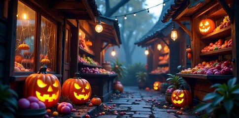Fototapeta premium Spooky candy shop with jack-o-lanterns and spider webs, sugar, decorations