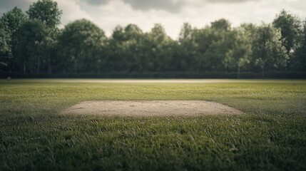 Fototapeta premium A serene view of an empty baseball field with a dirt pitcher's mound surrounded by lush greenery.