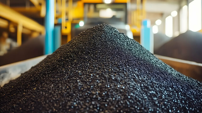 A large pile of dark, granular material sits in a industrial setting, possibly asphalt or similar substance, with blurred background showing machinery.