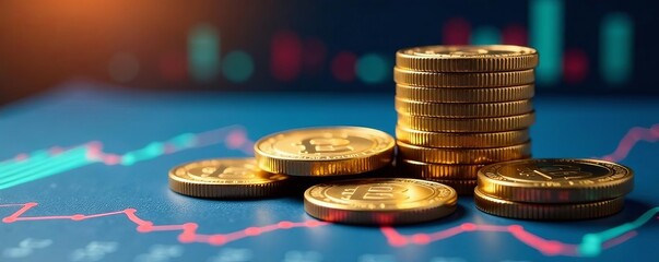 Stack of pound coins on top of growth financial graphs and statistics, data, investment