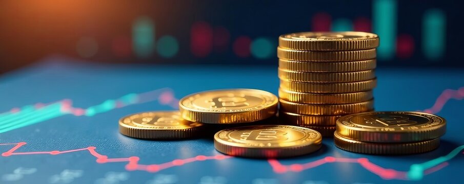 Stack of pound coins on top of growth financial graphs and statistics, data, investment