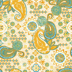 seamless pattern with paisley, grometric patterns and flowers 