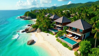 Fototapeta premium Stunning drone shot of exclusive beachfront villas surrounded by lush greenery, luxurious, holiday, sunny