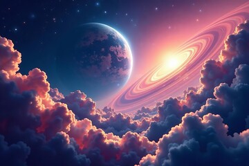 Obraz premium Stunning fantasy landscape of a magical galaxy planet with swirling clouds, design, generative, background