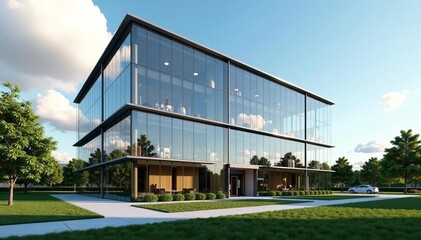 Obraz premium Stunning modern office tower with expansive glass windows and beautiful landscaping, clean, green space