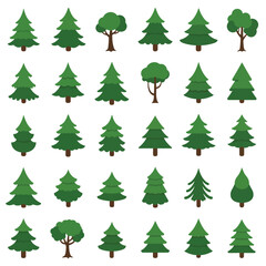 Pixel perfect icon set of green trees in various shapes. Forest, nature, tree, Christmas, winter concept. Simple icons, flat vector illustrations