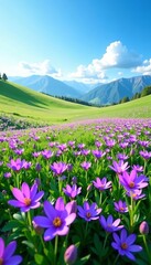 Fototapeta premium Stunning spring meadow blanketed with vibrant purple flowers under clear blue sky, purple, clear sky, flowers
