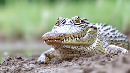 Fototapeta premium Young alligator resting on a muddy bank in a wetland habitat during daytime.