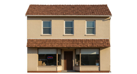 Isolated Two-Story Storefront Building with Open Sign