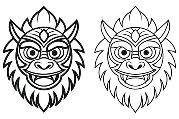 Two line art demon faces with horns display menacing expressions on a white backdrop