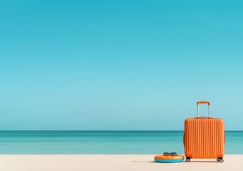 Bright Orange Suitcase and Float on Tranquil Beach with Blue Sky