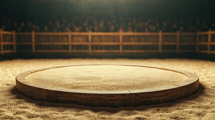 Empty Sumo Ring with Sand and Wooden Spectator Seating in Arena