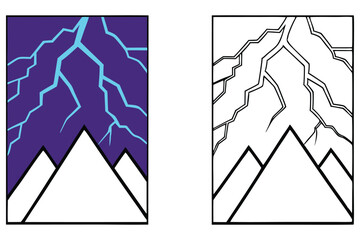 A stylized digital mountainscape exhibits the clash of lightning and mountain peaks in two distinct forms