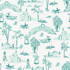 seamless landscape pattern with  trees , birds and all