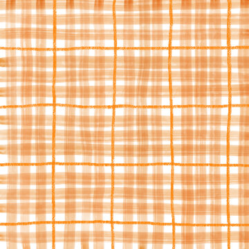 Orange Plaid Gingham Check Hand Drawn Background Pattern Overlay