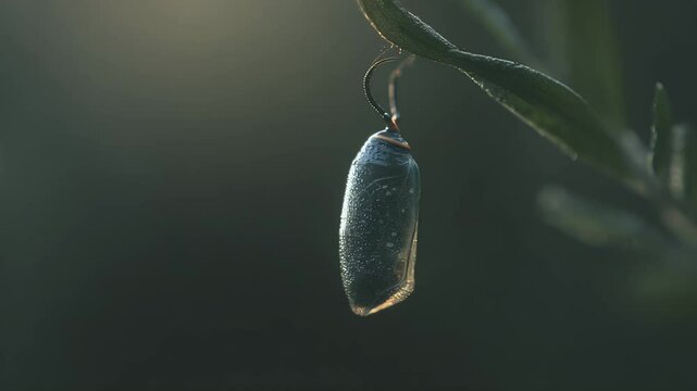 Delicate insect chrysalis on plant stem