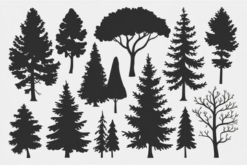 Obraz premium Tree Silhouette Collection – Black and White Vector Forest Illustration with Diverse Tree Shapes
