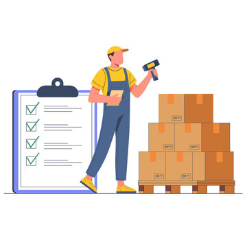 Worker in overalls scans boxes with barcode scanner beside checklist, symbolizing efficient inventory management