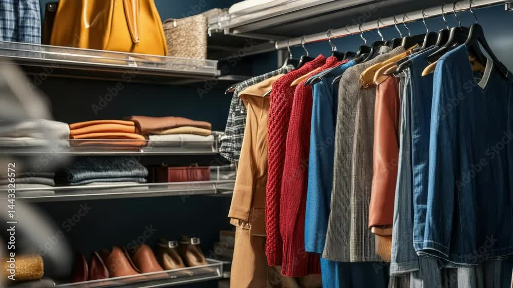 Poster a spacious closet containing various clothes and shoes, perfect for organizing and storing personal 