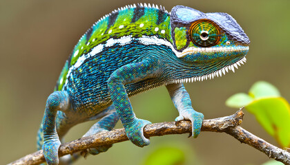 Obraz premium Vibrant panther chameleon perched on a branch, showcasing its iridescent scales and captivating eyes. A close-up shot revealing intricate details.