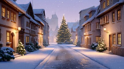 Fototapeta premium Snowy European village illuminated for Christmas