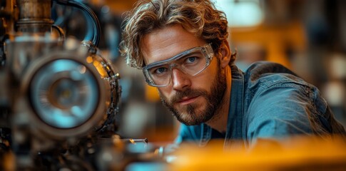Industrial Engineer Working on Machinery in Workshop Focused Portrait Professional Close-Up View