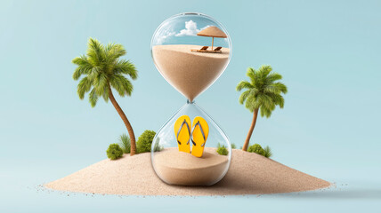 Conceptual illustration of an hourglass with a beach and flip flops on a tropical island. Symbol of vacation, time and relaxation."