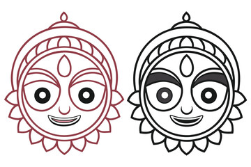 Jagannath face outlines showcase the deity's iconic features in both red and black line work