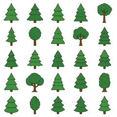 Pixel perfect icon set of green trees in various shapes. Forest, nature, tree, Christmas, winter concept. Simple icons, flat vector illustrations