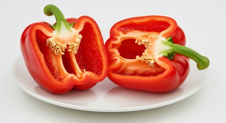Cutting Red Bell Pepper on Plate, Fresh Food Still Life