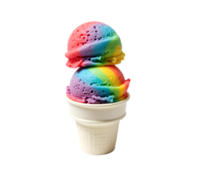 A captivating studio shot showcasing a vibrant double scoop ice cream cone, its swirls of rainbow colors creating a playful and mouth watering dessert experience