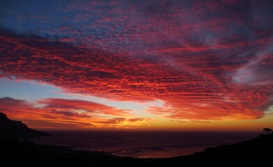 A tranquil beach scene at sunset with vibrant clouds reflecting warm hues, serene waters, and a peaceful atmosphere in Nature's valley, South Africa