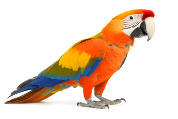 Fototapeta premium Vibrant Scarlet Macaw parrot isolated on white background, showcasing its colorful plumage and striking features. Ideal for pet, wildlife, or nature-themed projects.