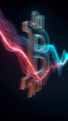 Abstract representation of a digital currency symbol, rendered with vibrant light trails against a dark background.