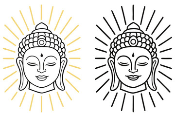 Two Buddha face line drawings feature radiating light bars on a transparent background