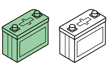 Isometric automotive battery shown in green outline and black outline for comparison over white
